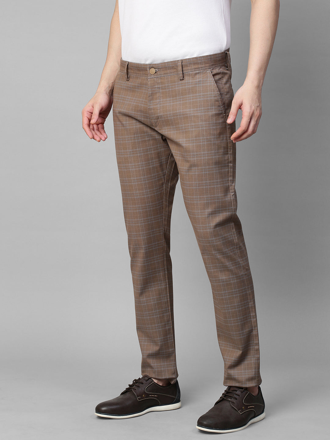 Genips Men's Brown Cotton Stretch Caribbean Slim Fit Self Design Trousers