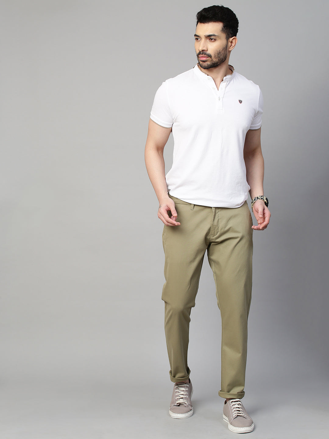 Genips Men's Green Cotton Stretch Caribbean Slim Fit Solid Trousers
