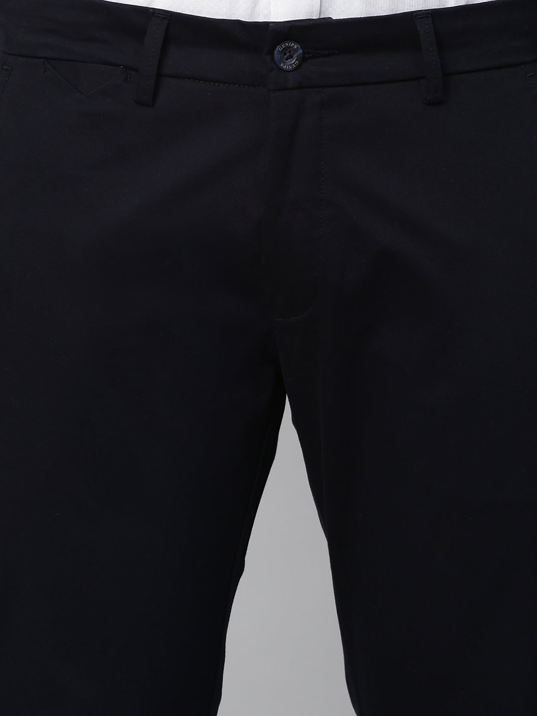 Genips Men's Navy Stretch Caribbean Slim Fit Solid Trousers