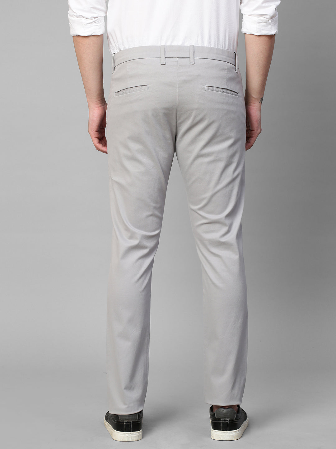Genips Men's Light Grey Cotton Stretch Caribbean Slim Fit Solid Trousers
