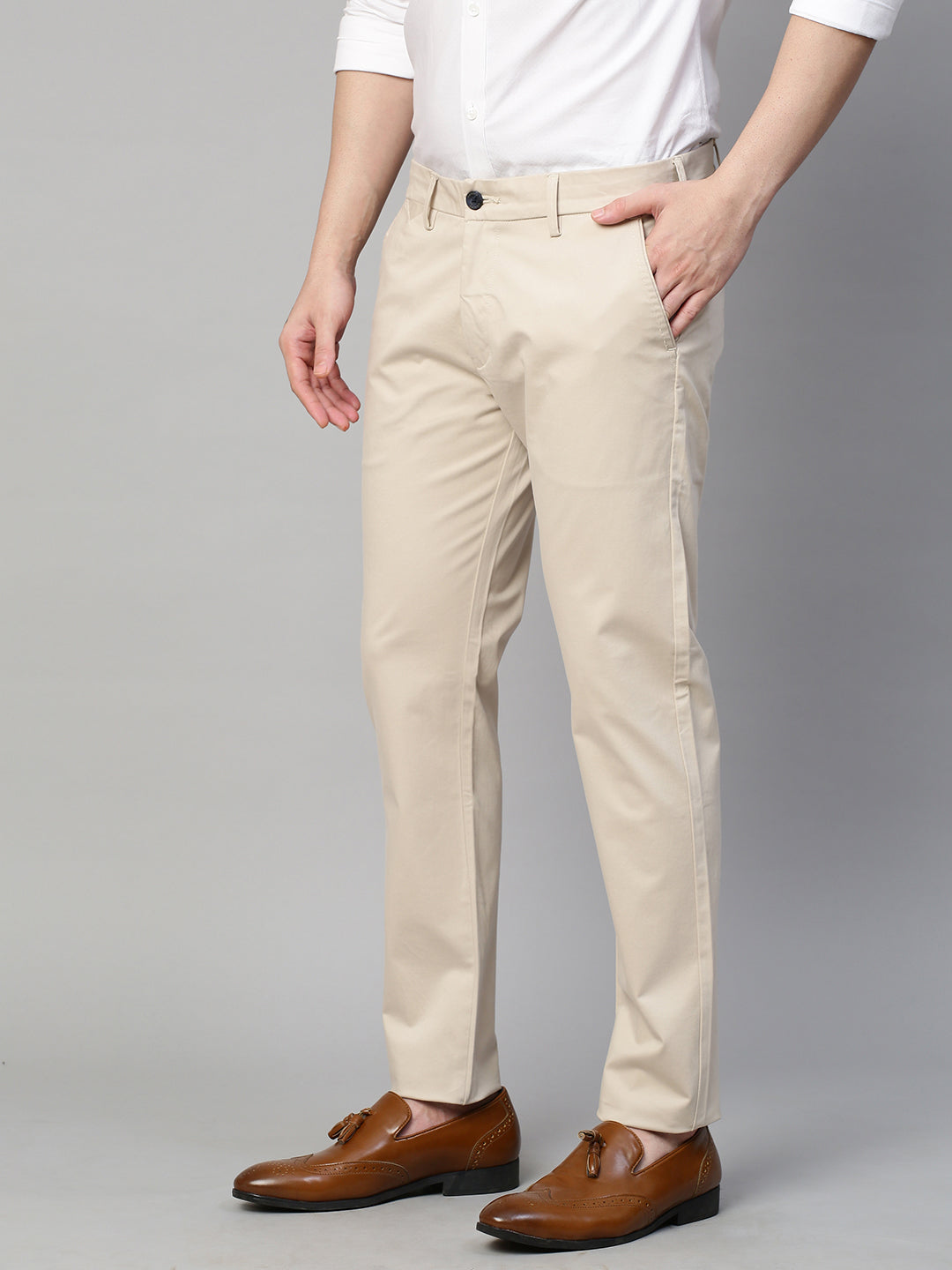 Genips Men's Beige Cotton Stretch Caribbean Slim Fit Solid Trousers