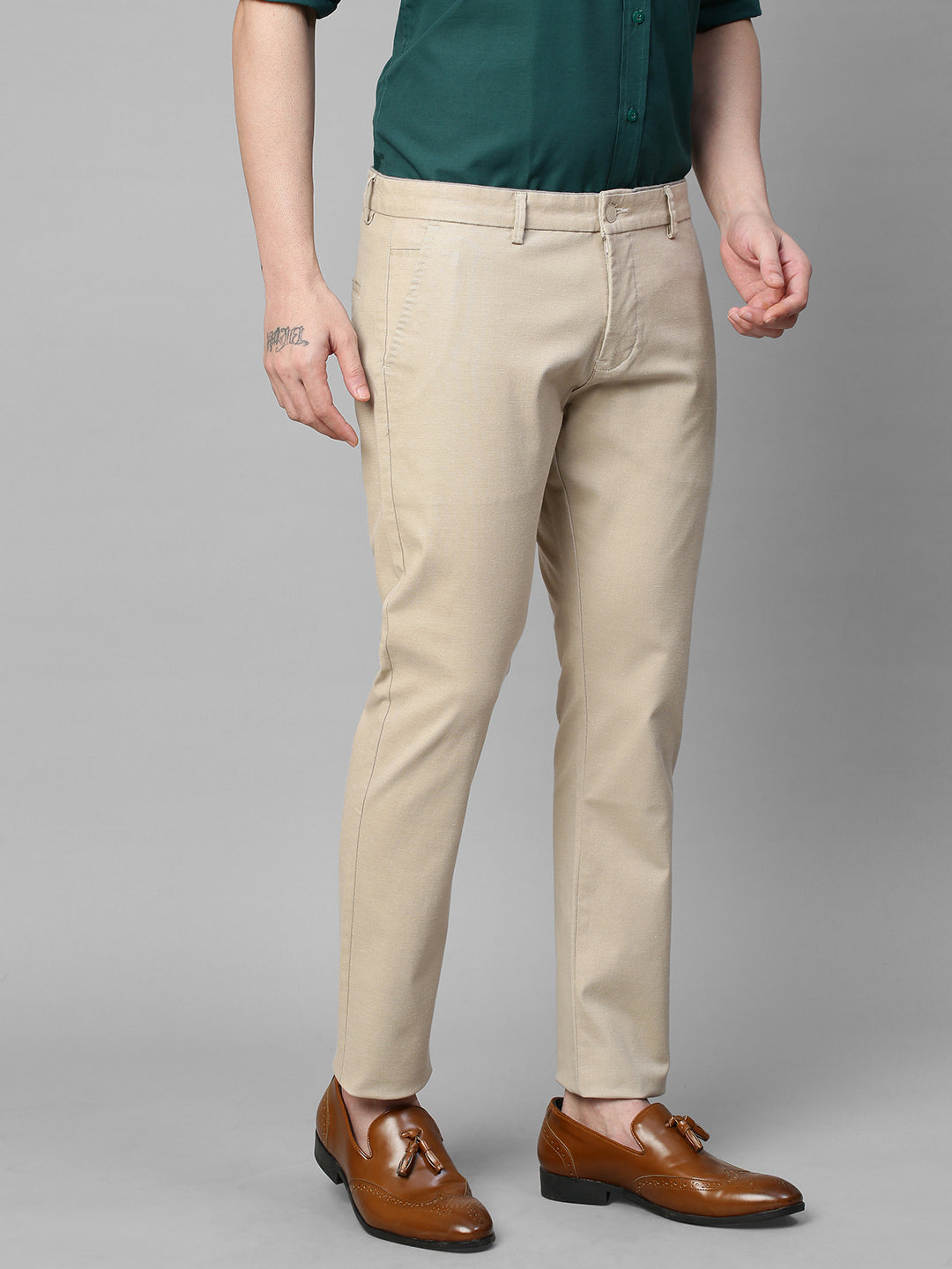 Genips Men's Cream Cotton Stretch Caribbean Slim Fit Self Design Trousers