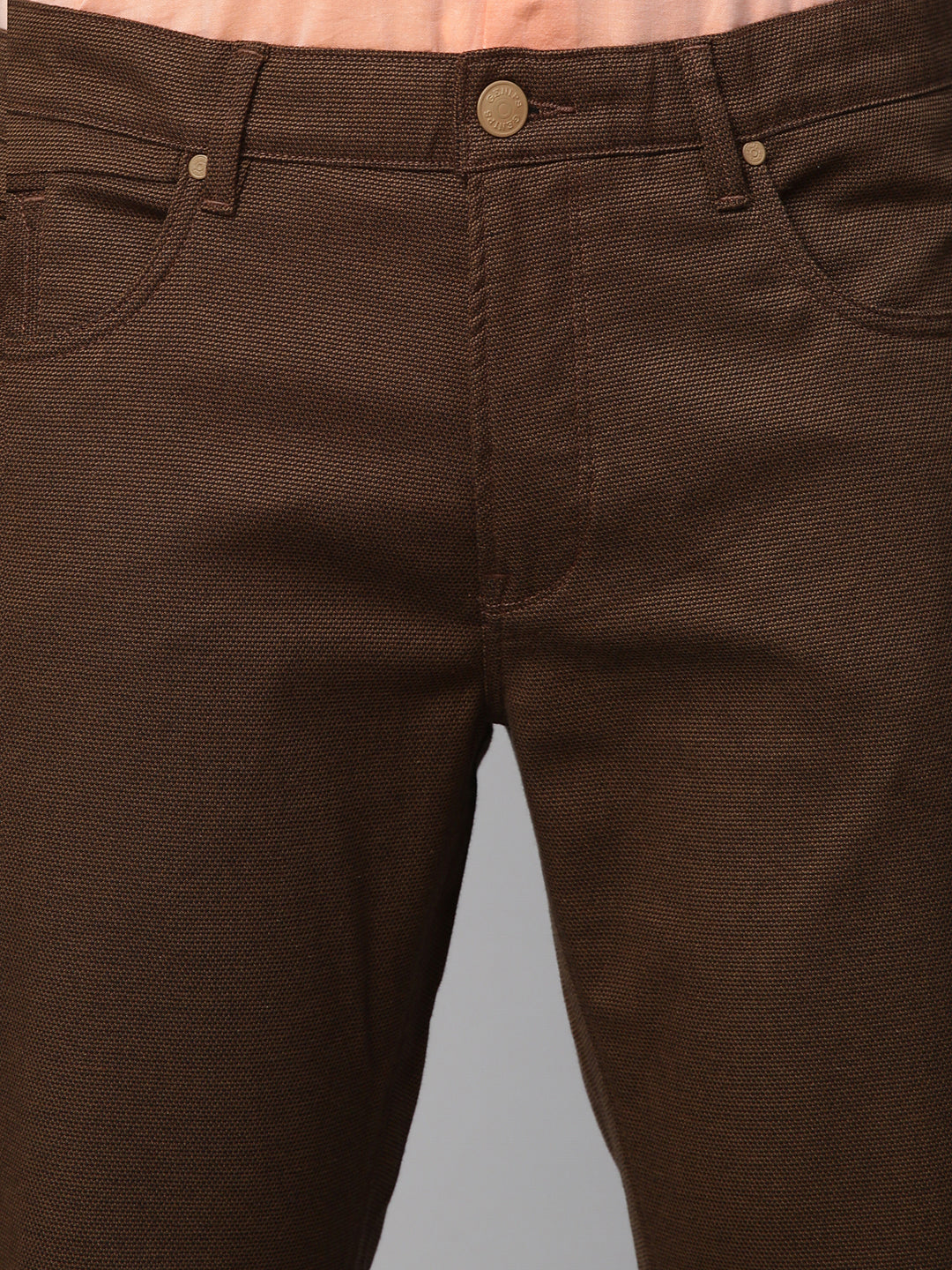Genips Men's Coffee Cotton Stretch Rico Slim Fit Self Design 5 Pocket Trouser