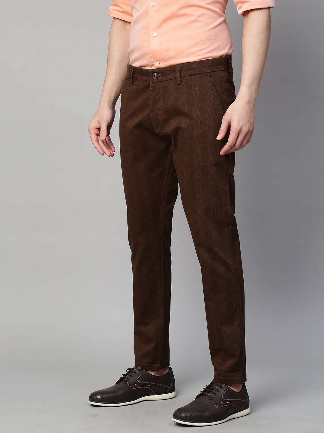 Genips Men's Cotton Brown Stretch Caribbean Slim Fit Print Trousers