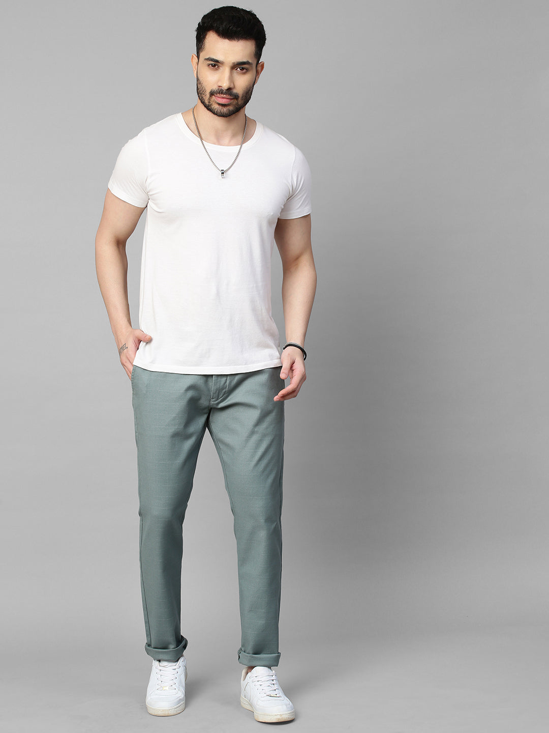 Genips Men's Sea Green Cotton Stretch Caribbean Slim Fit Self Design Trousers