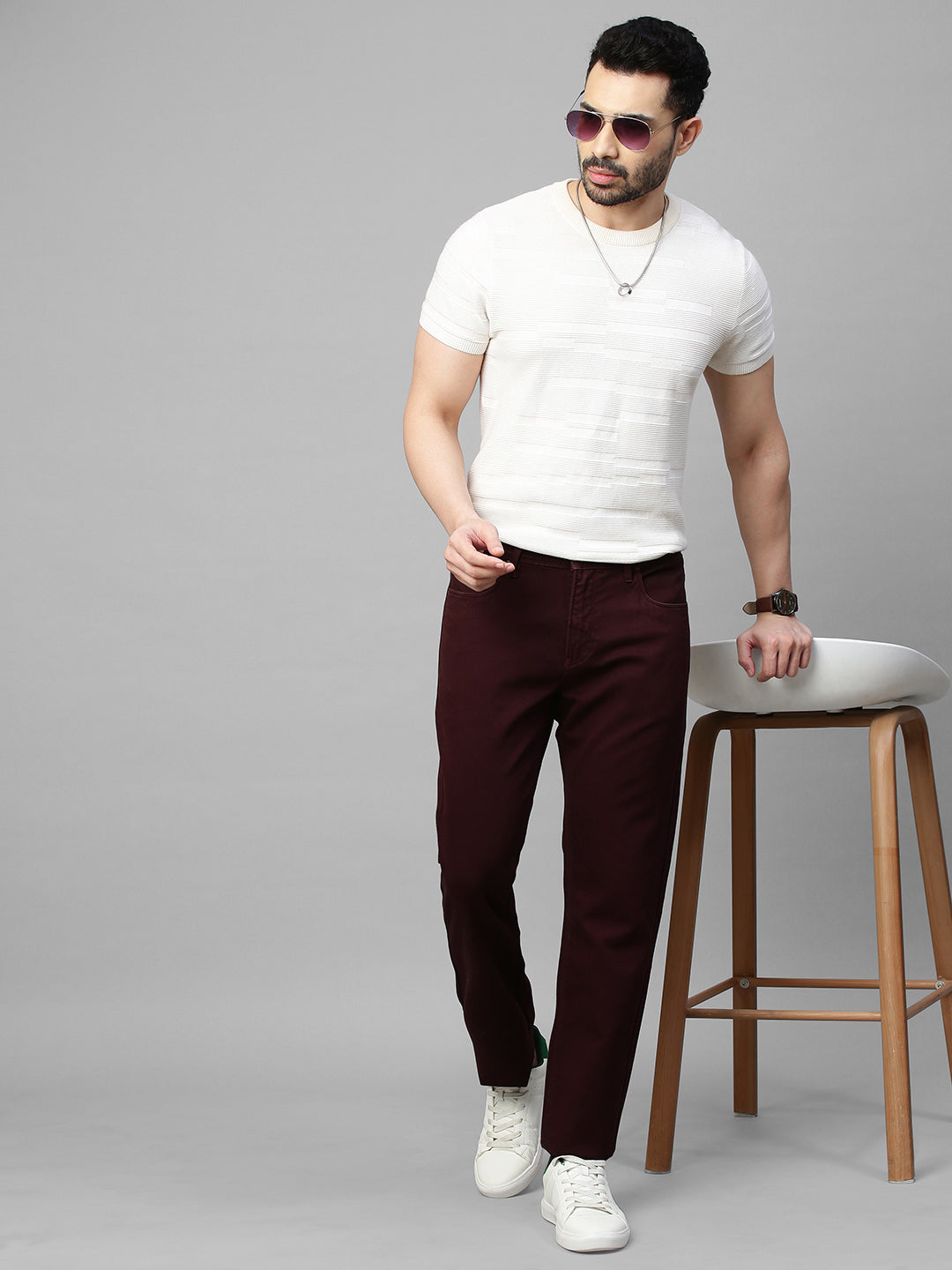 Genips Men's Wine Color Cotton Stretch Rico Slim Fit Solid 5 Pocket Trouser