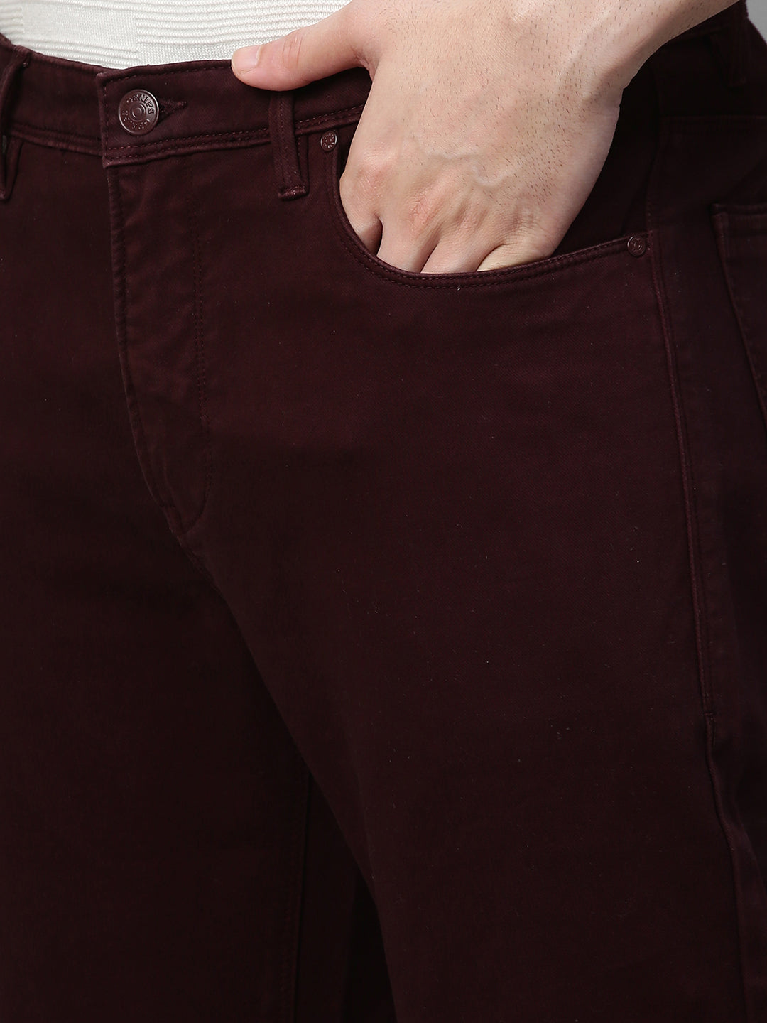 Genips Men's Wine Color Cotton Stretch Rico Slim Fit Solid 5 Pocket Trouser