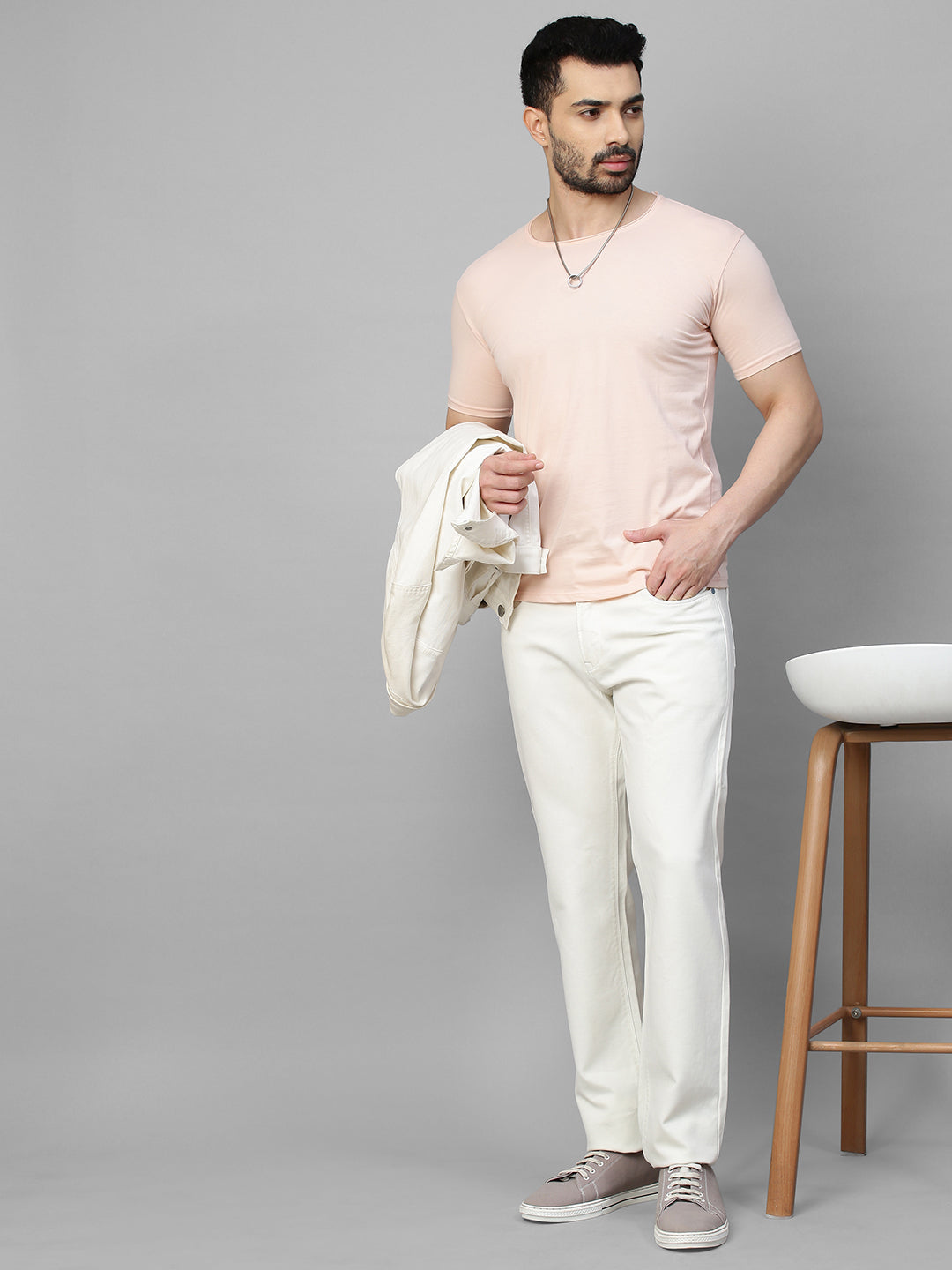 Genips Men's White Cotton Stretch Rico Slim Fit Solid 5 Pocket Trouser
