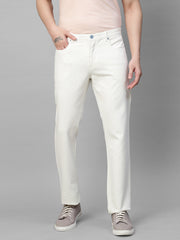 Genips Men's White Cotton Stretch Rico Slim Fit Solid 5 Pocket Trouser