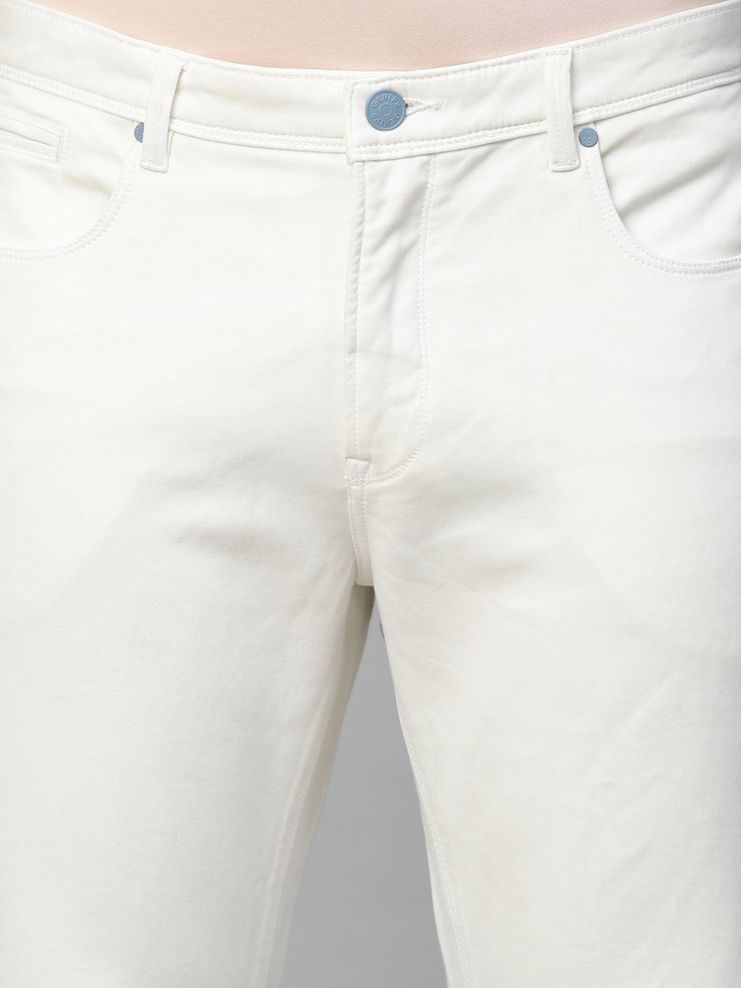 Genips Men's White Cotton Stretch Rico Slim Fit Solid 5 Pocket Trouser