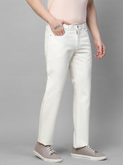 Genips Men's White Cotton Stretch Rico Slim Fit Solid 5 Pocket Trouser