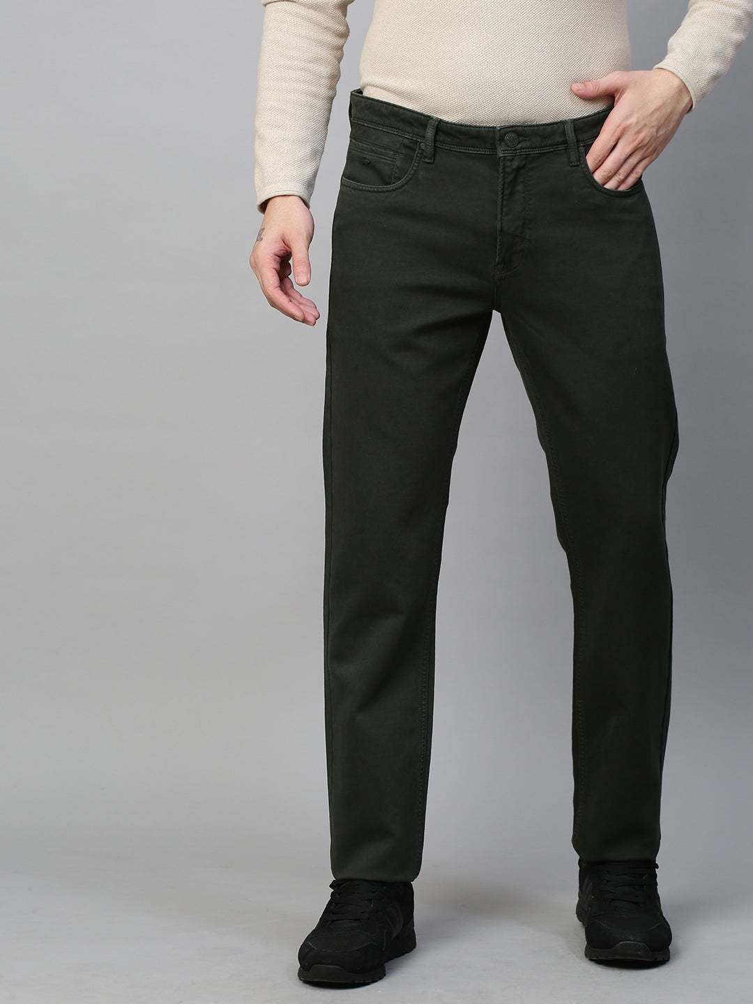 Genips Men's Dark Green Cotton Stretch Rico Slim Fit Solid 5 Pocket Trouser