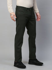 Genips Men's Dark Green Cotton Stretch Rico Slim Fit Solid 5 Pocket Trouser