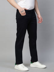 Genips Men's Navy Cotton Stretch Rico Slim Fit Solid 5 Pocket Trouser