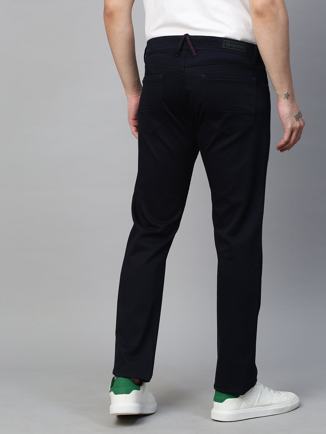 Genips Men's Navy Cotton Stretch Rico Slim Fit Solid 5 Pocket Trouser