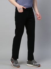 Genips Men's Black Cotton Stretch Rico Slim Fit Solid 5 Pocket Trouser