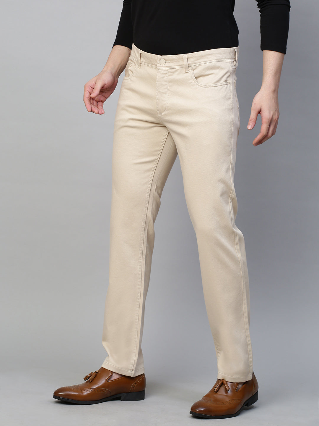 Genips Men's Cream Cotton Stretch Rico Slim Fit Solid 5 Pocket Trouser