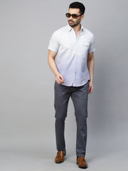 Genips Men's Grey Blue Cotton Stretch Caribbean Slim Fit Self Design Trousers