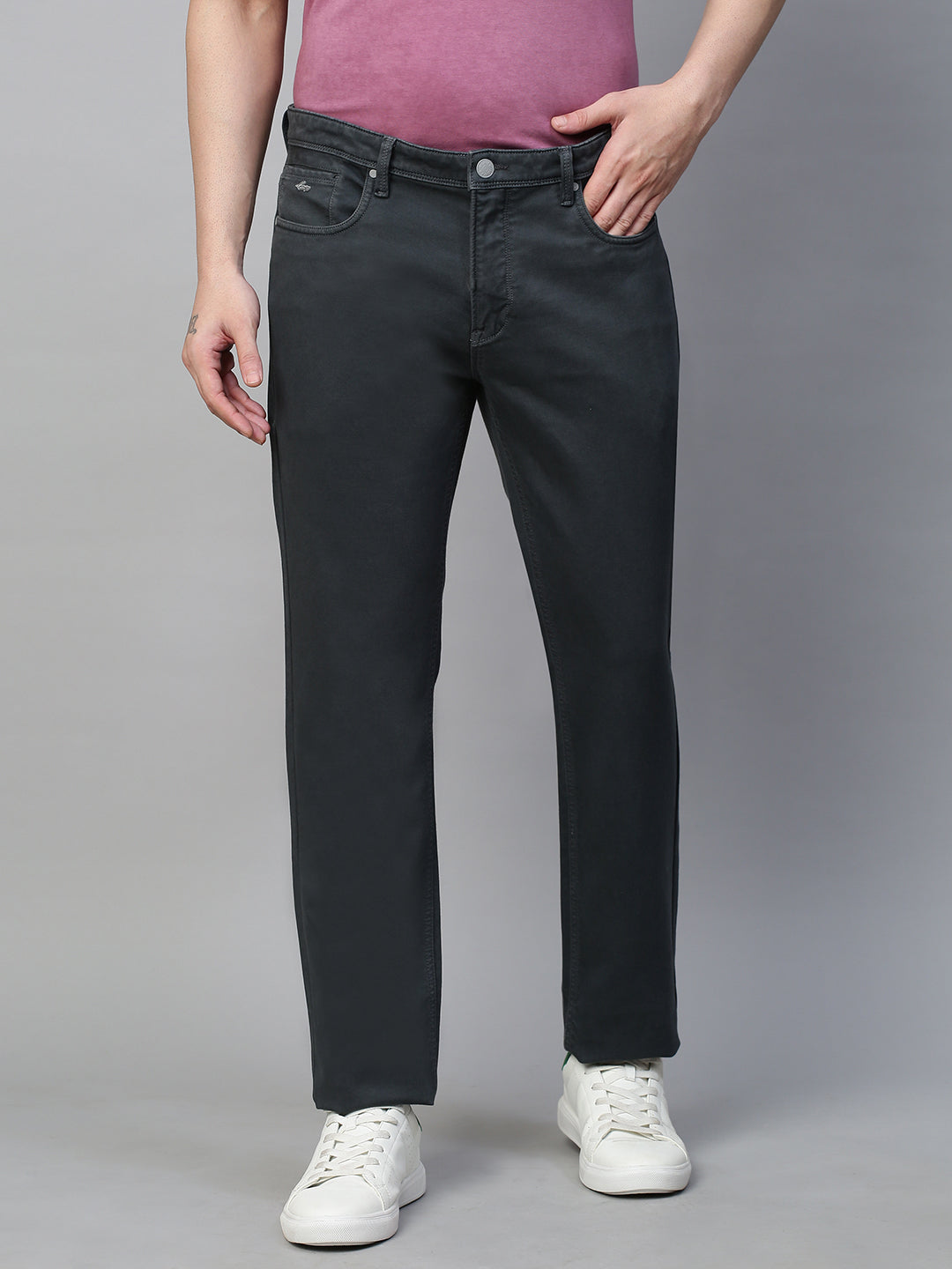 Genips Men's Dark Grey Cotton Stretch Rico Slim Fit Solid 5 Pocket Trouser