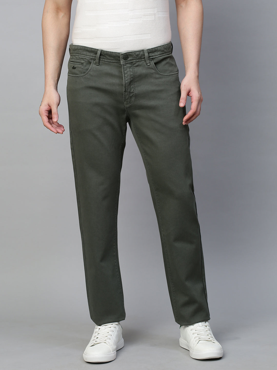 Genips Men's Olive Green Cotton Stretch Rico Slim Fit Solid 5 Pocket Trouser