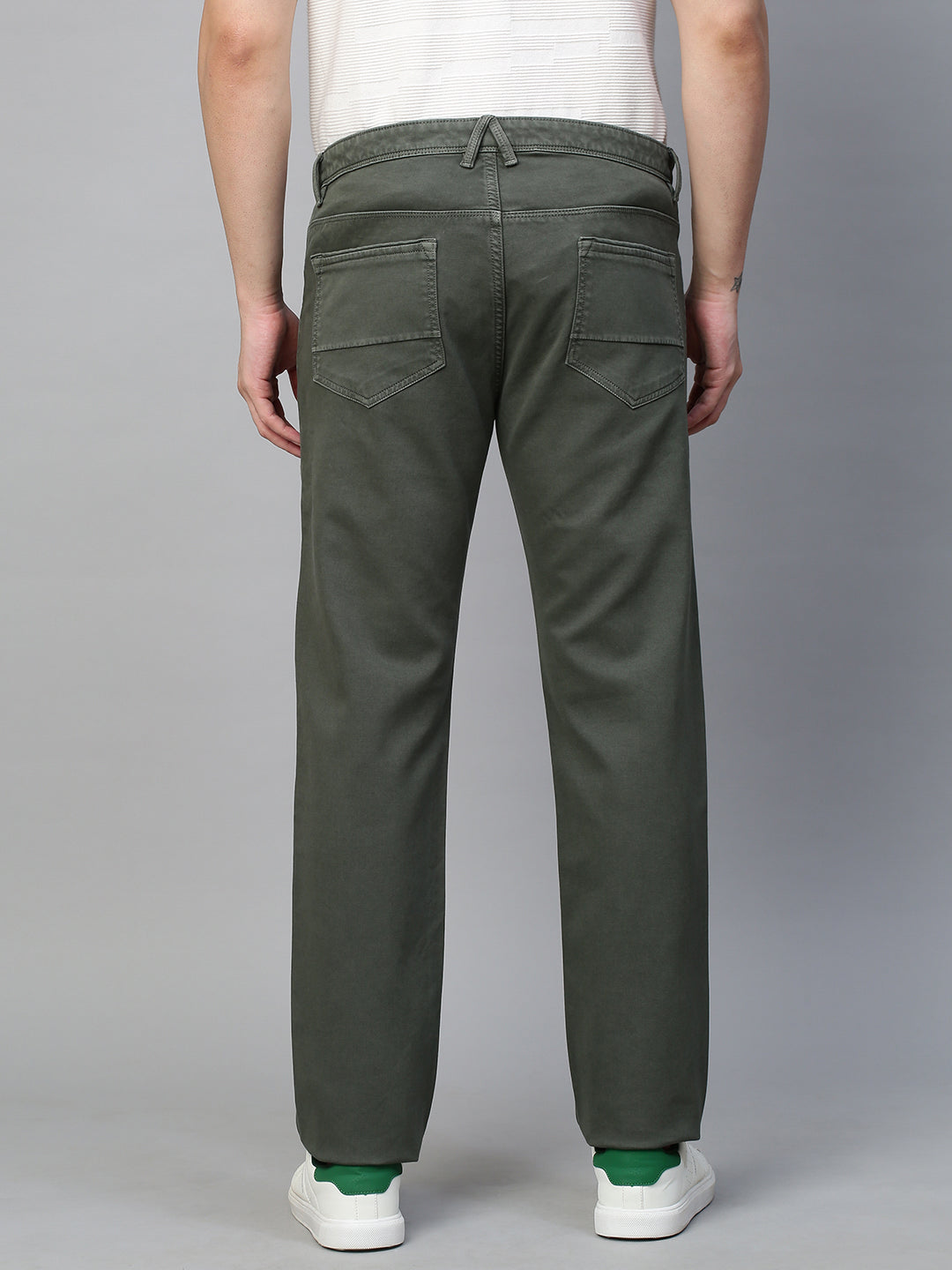 Genips Men's Olive Green Cotton Stretch Rico Slim Fit Solid 5 Pocket Trouser