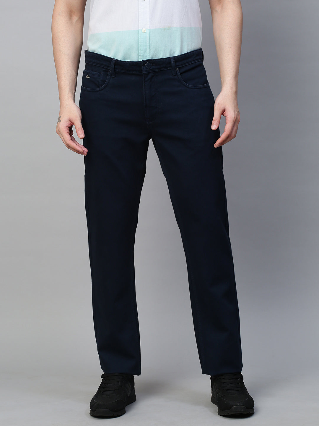 Genips Men's Navy Cotton Stretch Rico Slim Fit Solid Casual Chinos