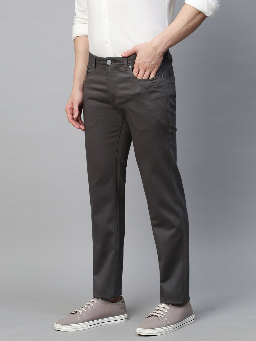Genips Men's Grey Cotton Stretch Rico Slim Fit Solid 5 Pocket Trouser