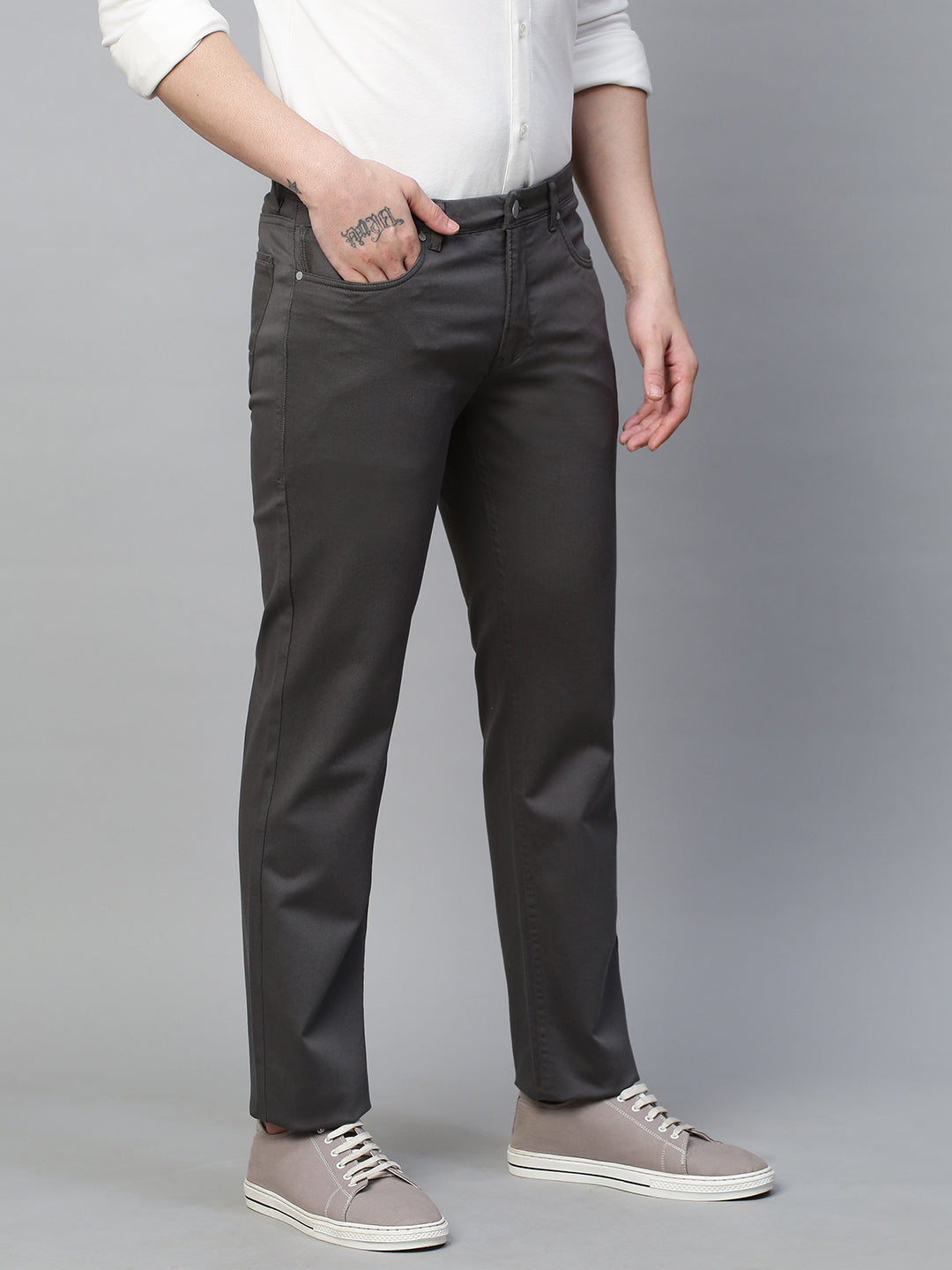 Genips Men's Grey Cotton Stretch Rico Slim Fit Solid 5 Pocket Trouser
