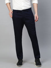 Genips Men's Navy  Cotton Stretch Caribbean Slim Fit Solid Trousers