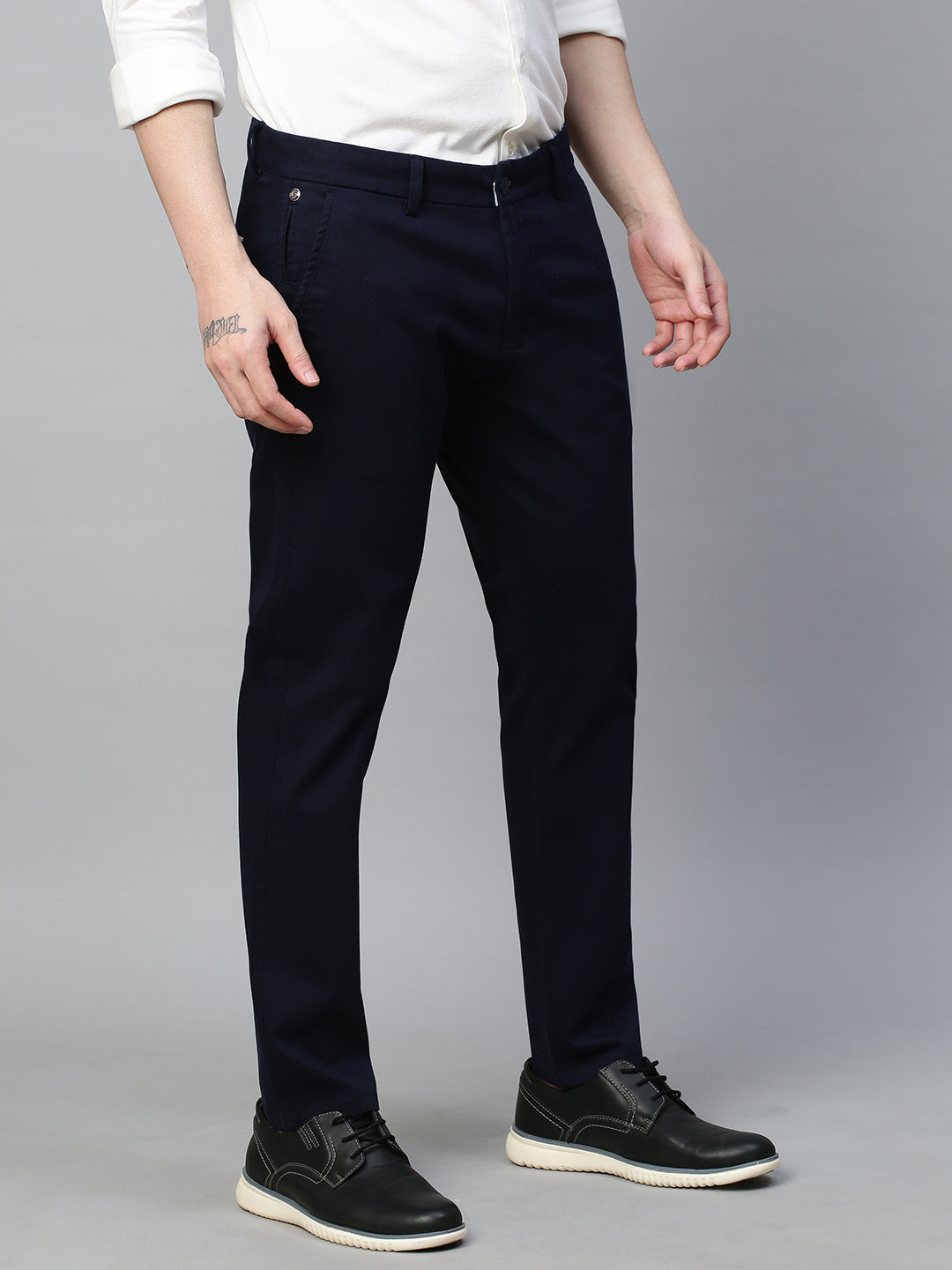 Genips Men's Navy  Cotton Stretch Caribbean Slim Fit Solid Trousers