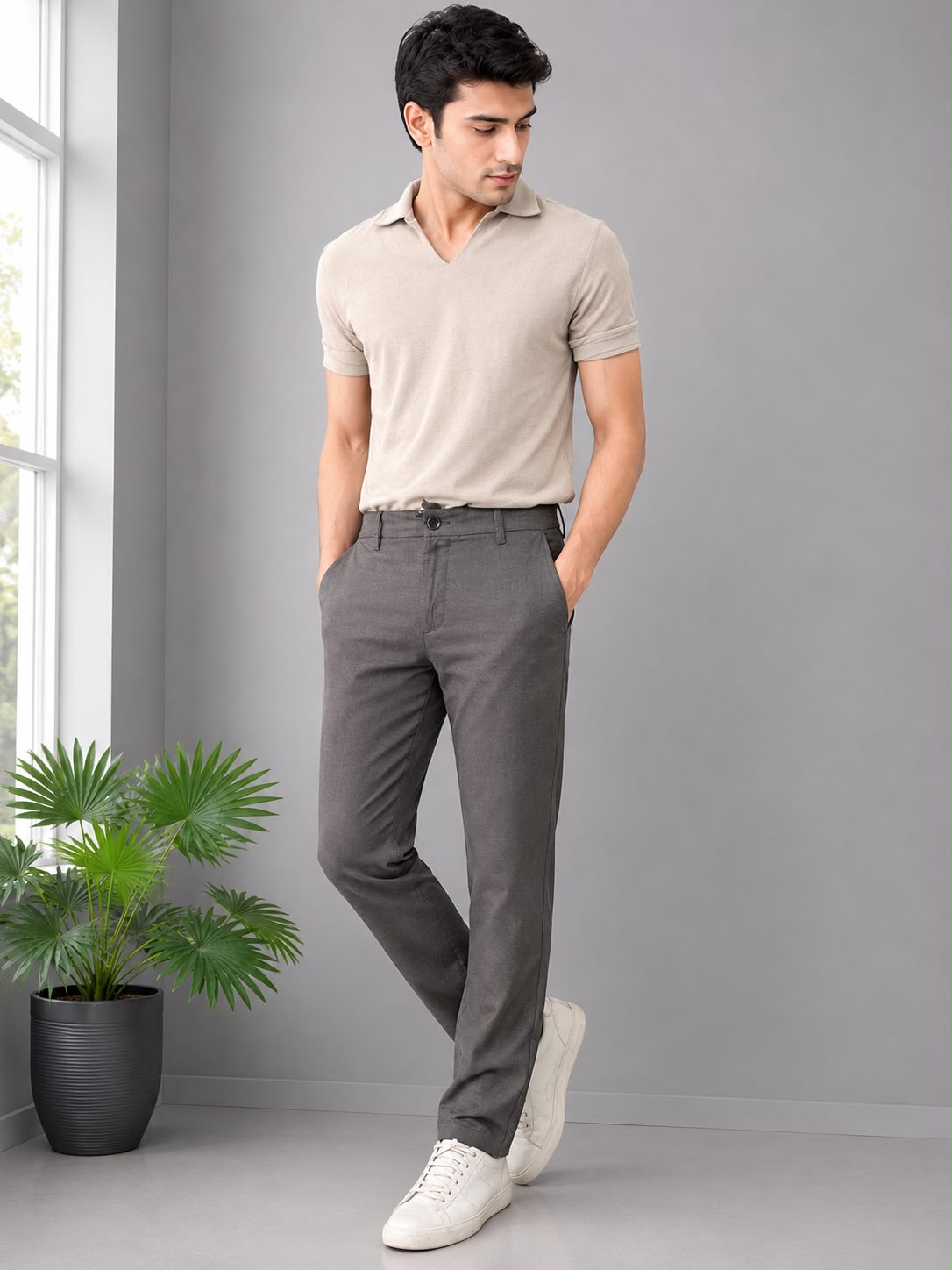 GENIPS Men's Elasticated Relaxed Fit Cotton Trousers - Mid-Rise 4 Pocket Travel Pants