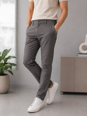 GENIPS Men's Elasticated Relaxed Fit Cotton Trousers - Mid-Rise 4 Pocket Travel Pants