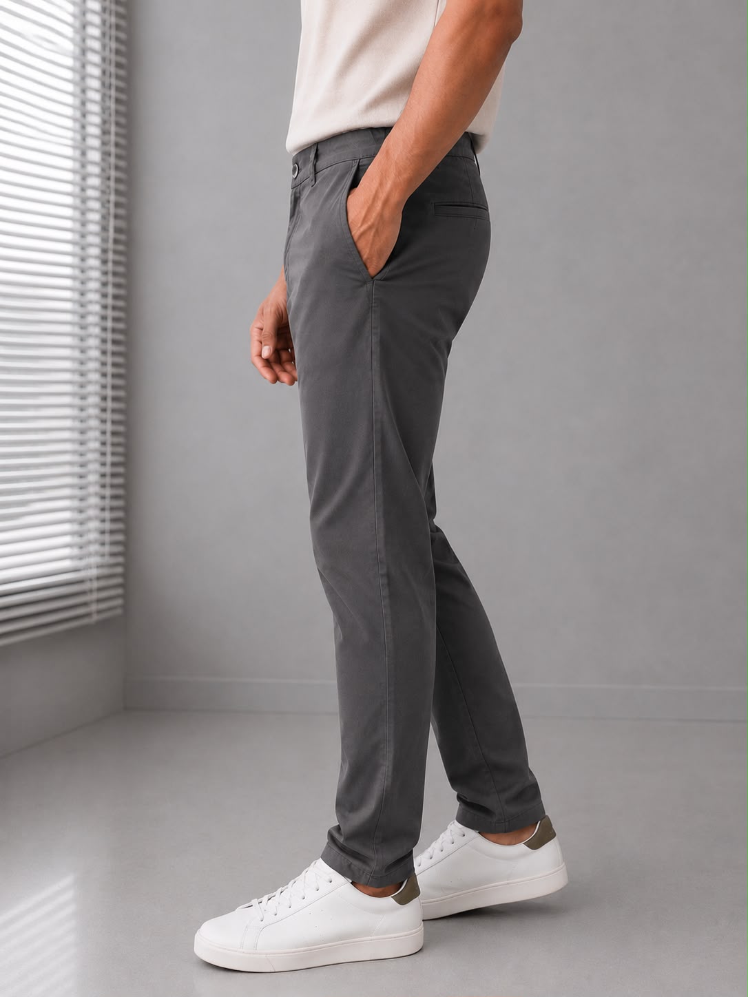 GENIPS Men's Elasticated Relaxed Fit Cotton Trousers - Mid-Rise 4 Pocket Travel Pants