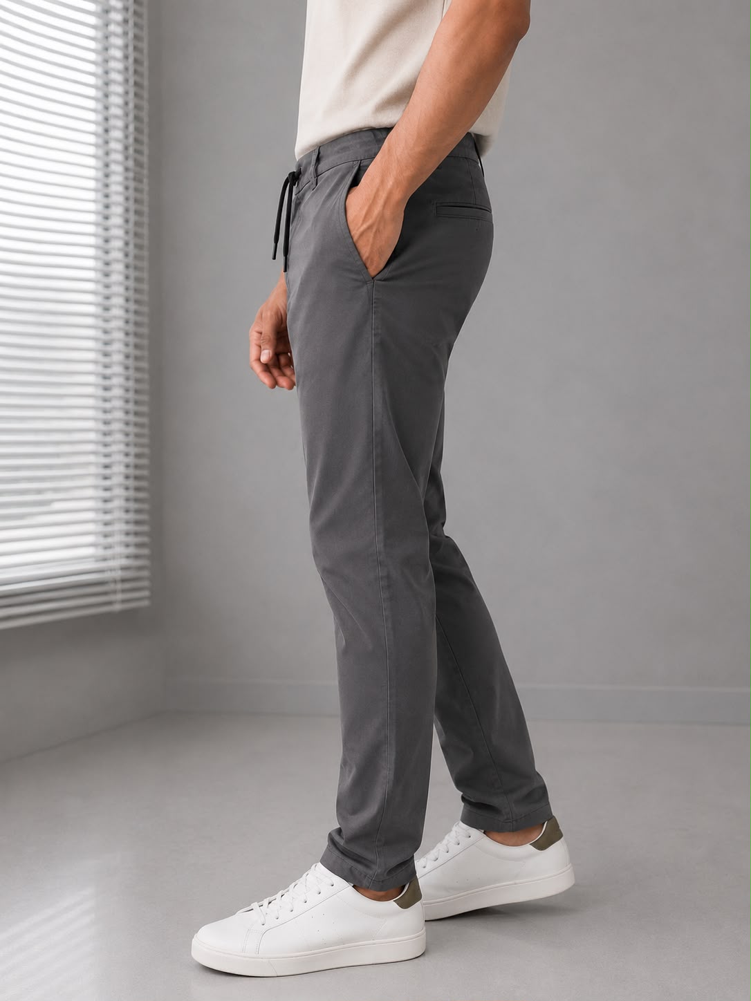 GENIPS Men's Elasticated Relaxed Fit Cotton Trousers - Mid-Rise 4 Pocket Travel Pants
